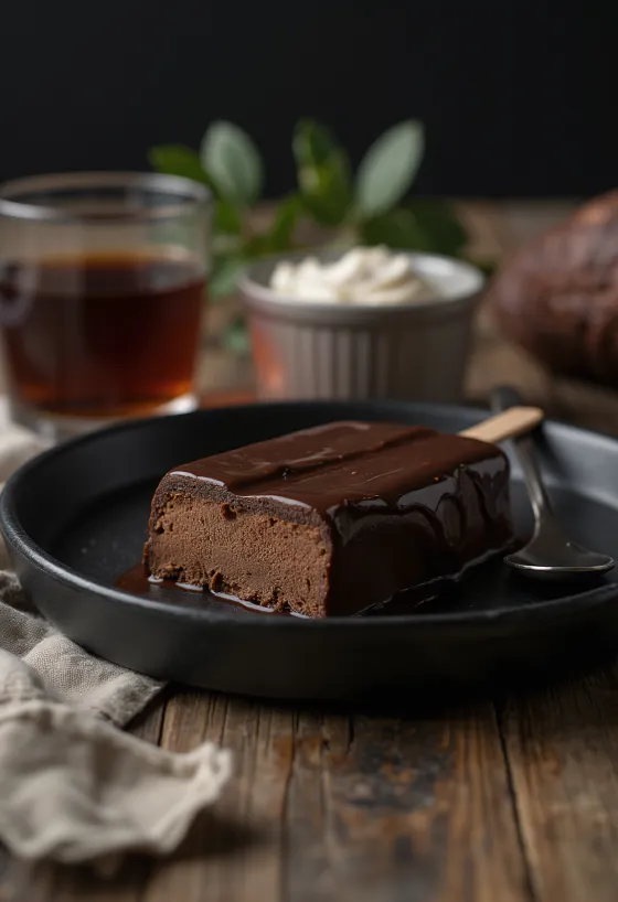 Домашен сладолед Magnum Double Chocolate с двойна шоколадова глазура, сервиран на рустикален фон