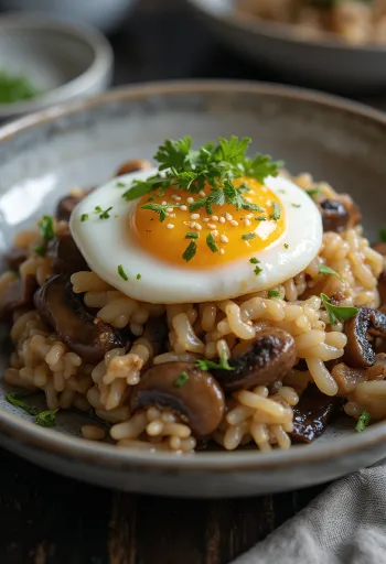 Onsen Tamago, сервирано с ориз с гъби