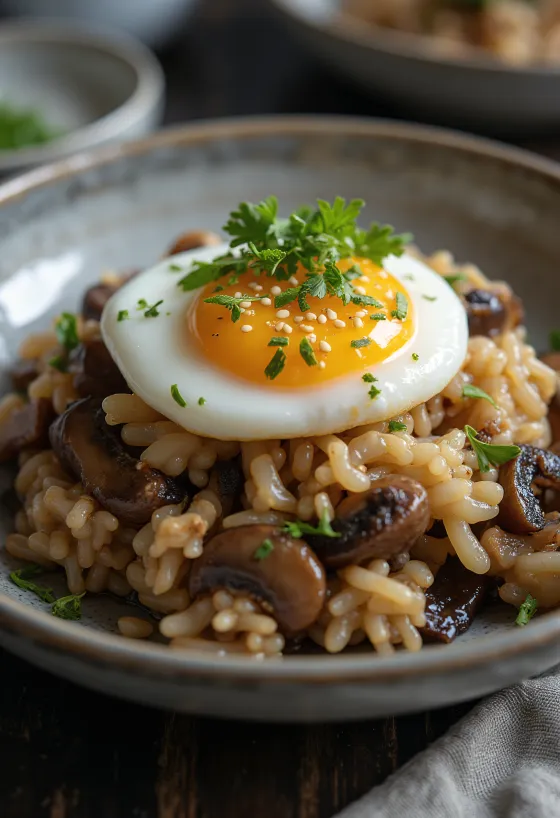 Onsen Tamago, сервирано с ориз с гъби