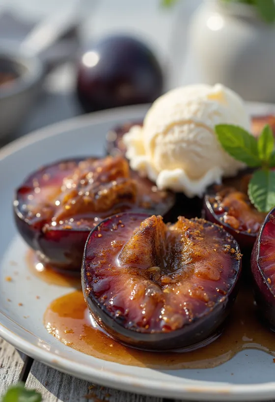 BBQ печени карамелизирани сливи сервирани