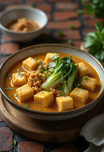 Kare-Kare с тофу, сервирано с фъстъчен сос и зеленчуци