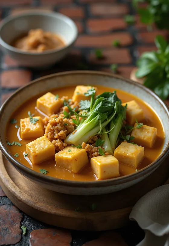 Kare-Kare с тофу, сервирано с фъстъчен сос и зеленчуци