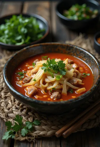 Юкгеджан обогатен с кимчи, поднесен в купа, с богати пикантни вкусове