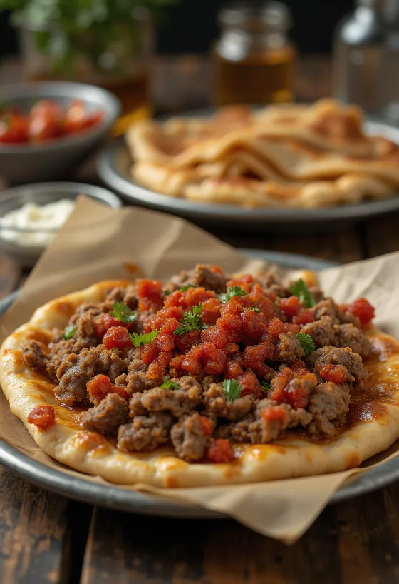 Лахмаджун с подправки, сервиран с прясно тесто и пикантна месна плънка