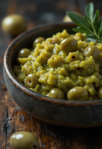 Сос от зелени маслини, сервиран с прясна пита