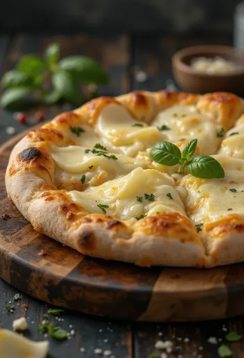 Pizza ai Formaggi сервирана с различни сирена и пресен босилек