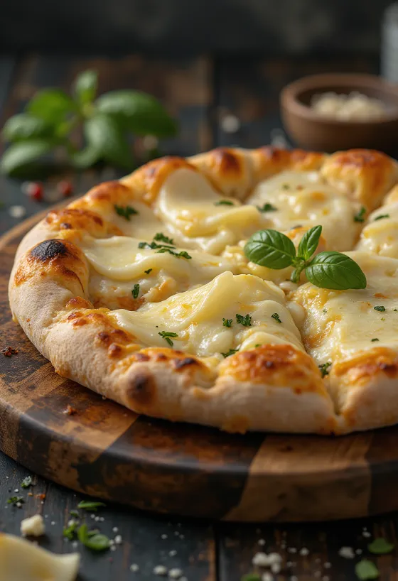 Pizza ai Formaggi сервирана с различни сирена и пресен босилек