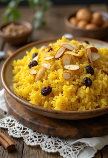 Ghee mishti pulao, сладък ориз, сервиран с печени бадеми и стафиди