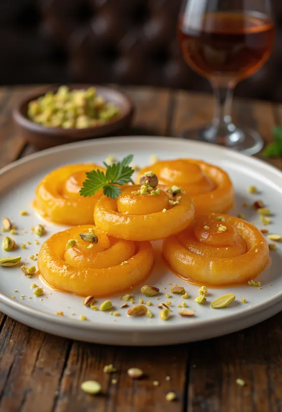 Jalebi pancake, сервиран с мед и шамфъстък