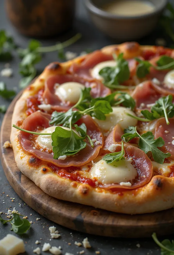Pizza al Prosciutto Crudo сервирана с пармска шунка и рукола