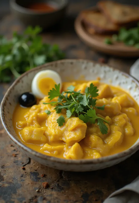 Ají de gallina с кориандър, сервирано с кремообразен сос