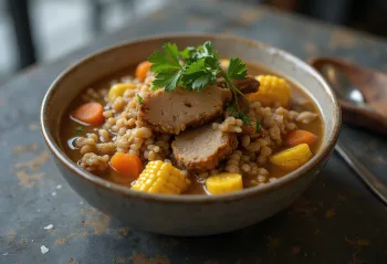 Cuchuco con espinazo (със свински гръбнак) богата супа с месо и зеленчуци, сервирана