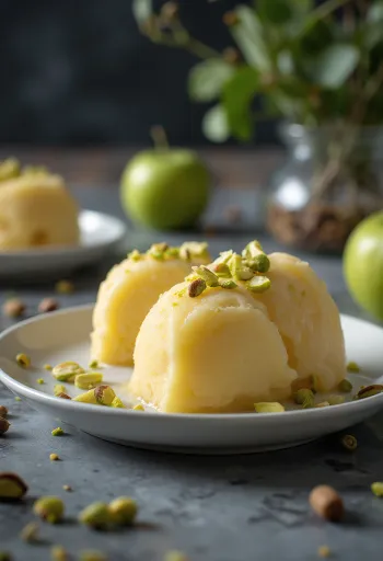 Ябълково кулфи, замразен сладкиш, сервиран с шамфъстък и резени ябълка