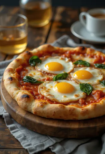 Pizza alla Bismark, сервирана с пресни яйца и спанак