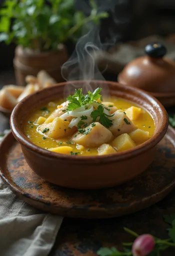 Caldeirada paraense супа с риба, картофи и яйца, сервирана с пресен кориандър