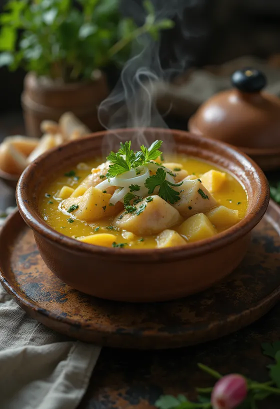 Caldeirada paraense супа с риба, картофи и яйца, сервирана с пресен кориандър