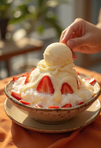 Ddalgi bingsu, сервирано с пресни ягоди, кисело мляко и листа от мента