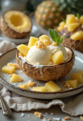 Сладолед Пиня Колада, сервиран с парченца кокос и ананас