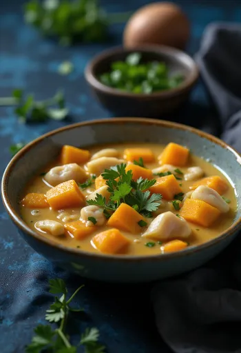 Moqueca, сервирана със сладки картофи, риба и кокосово мляко