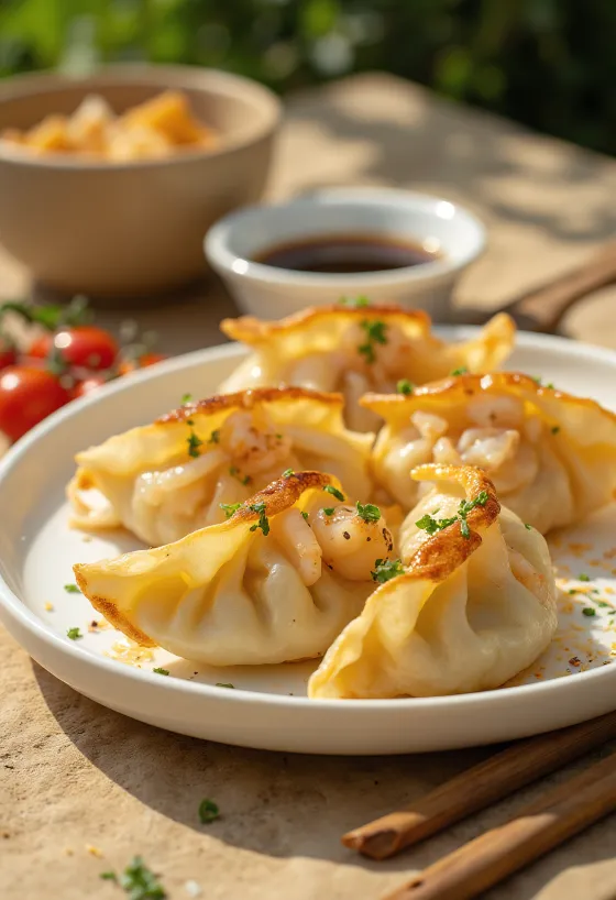 Seafood Gyoza, сервирана с плънка от морски дарове и дип от соев сос