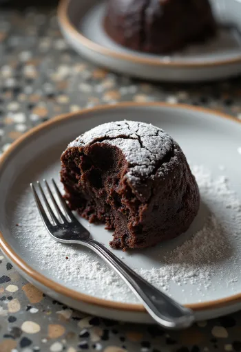 Kladdkaka с шоколад, поднесен с пудра захар и парченца шоколад