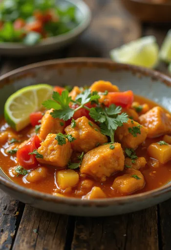Picante de pollo vegano със сейтан, сервирано с чушки и кориандър