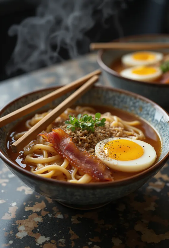 Купа рамен с пържен бекон, яйце и зелен лук