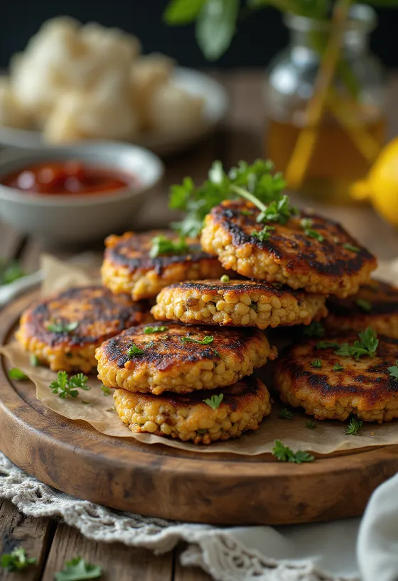 BBQ кюфтета от слънчогледови семки, сервирани със салата