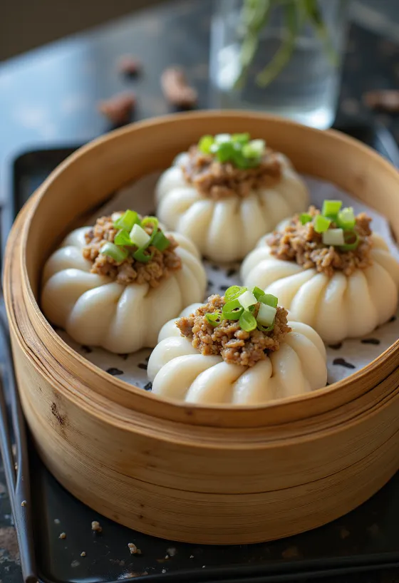 Китайско баоци с пълнеж от гъби и свинско месо, сервирано в бамбуков кош за готвене на пара