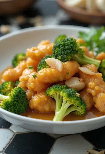 Тангсуюк с броколи със златистокафяви парчета пиле, сервиран с пресни броколи