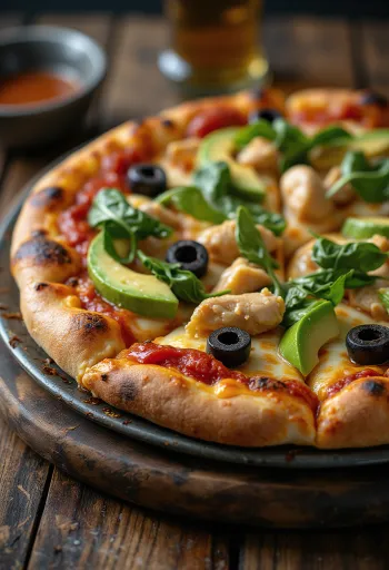 California Pizza с прясно авокадо, пилешки гърди и спанак