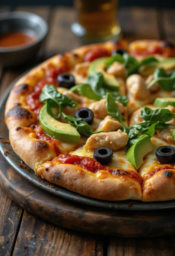 California Pizza с прясно авокадо, пилешки гърди и спанак