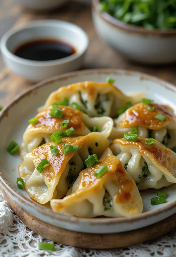 Spinach Gyoza, сервирана с плънка от спанак и дип от соев сос