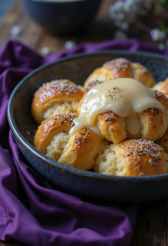 Макош губа, поръсена с пудра захар, сервирана с ванилов сос