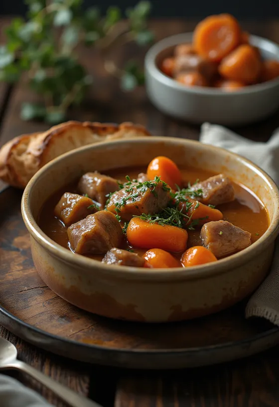 Задушено телешко, сервирано със зеленчуци