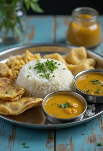 Thali непалски dal bhat tarkari, сервирано в купа, подредени ориз, червена леща и зеленчуци