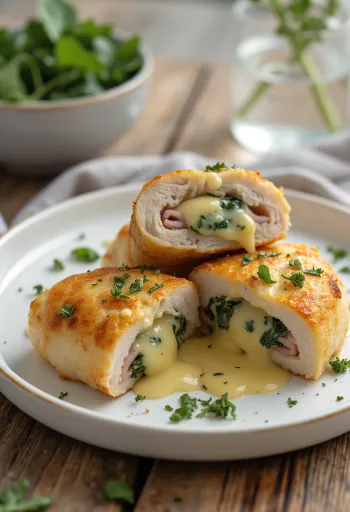 Пълнени пилешки гърди със сирене и шунка, сервирани