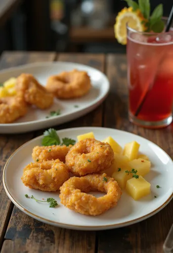 Акараже, сервирано с ананас, пикантни бобени топчета и пресен ананас