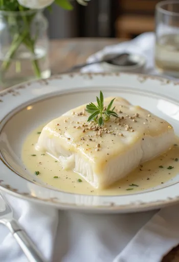 Lutefisk със сметанов сос, сервирано с пресен магданоз