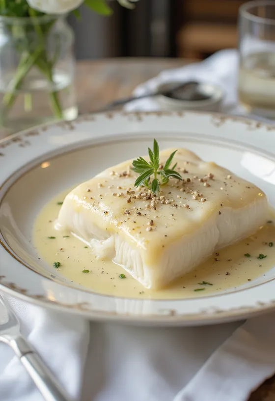 Lutefisk със сметанов сос, сервирано с пресен магданоз