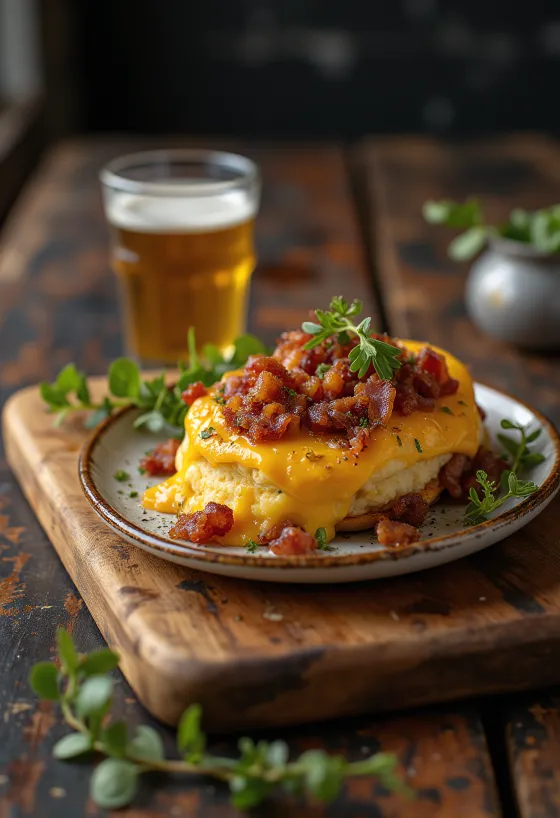 Уелски редбит с бекон, в сос със сирене, върху препечена филийка, с хрупкави парченца бекон