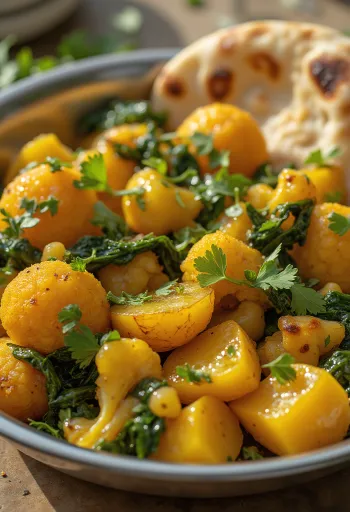 Aloo gobi със спанак, пикантни зеленчуци и пресен спанак