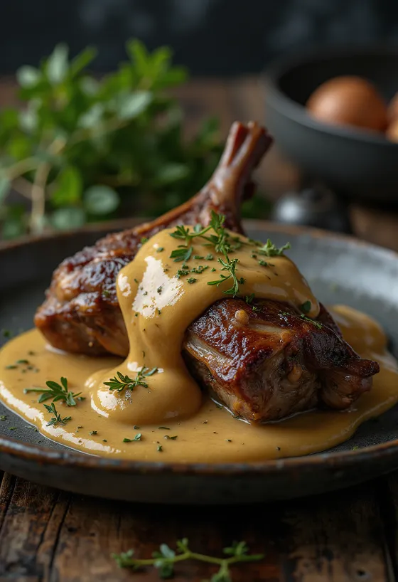 Печен див заек с горчичен сос, сервиран елегантно.