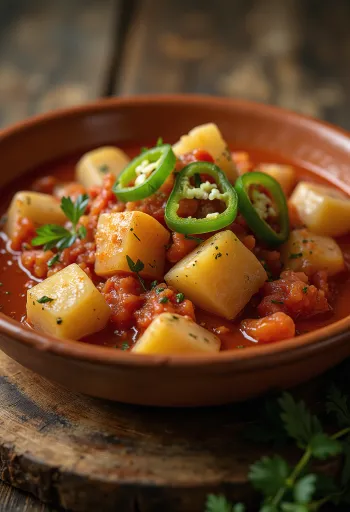 Marmitako de atún, сервирано в купа, с прясна риба тон и зеленчуци