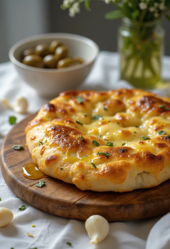 Фокача с пушено сирене и чесън, сервирана