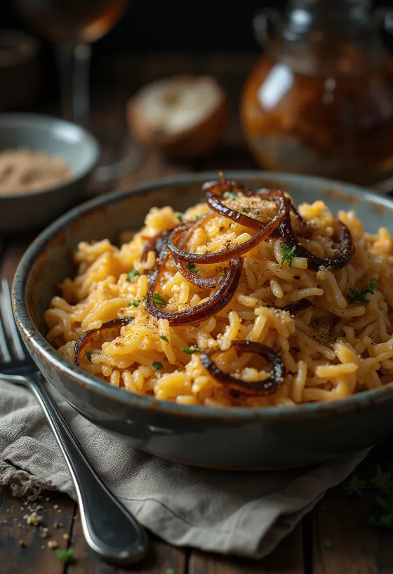 Пикантен ориз с лук, сервиран