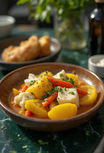 Аки и осолена треска, сервирани със зеленчуци и подправки