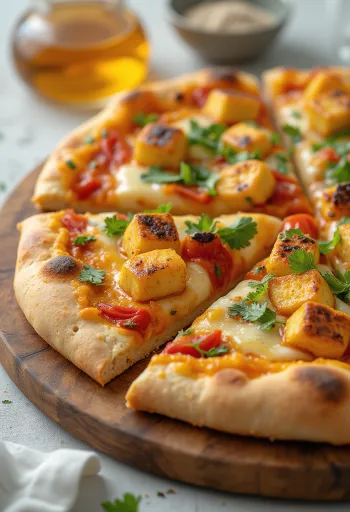 Paneer tikka pizza със сос от кисело мляко и зеленчуци