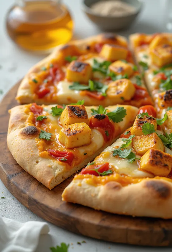 Paneer tikka pizza със сос от кисело мляко и зеленчуци
