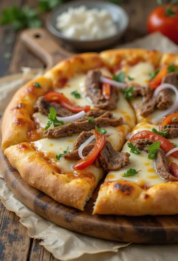 Philly cheesesteak pizza с резени стек и чушка